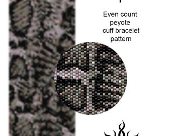 SNAKE SKIN I - even peyote cuff beaded bracelet pattern; tutorial, pdf file, miyuki delica, animal print, python, african, reptile, unisex