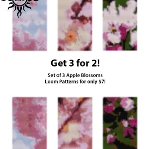 May include: Six rectangular loom patterns featuring apple blossom designs in shades of pink, white, and green. The text "Get 3 for 2!" and "Set of 3 Apple Blossoms Loom Patterns" is also visible.