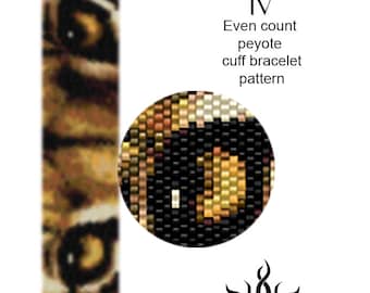 Eyes of the Lioness IV - thin version: even peyote cuff beaded bracelet pattern; tutorial, pdf, animal, lion, african, ethno, jungle, unisex
