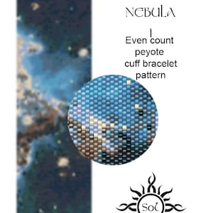 Puede incluir: Un patrón de cuentas para un brazalete de puño, que representa una nebulosa con un esquema de color azul, blanco y marrón. El patrón se titula "Monkey Head Nebula" y es un patrón de punto de peyote de conteo par.