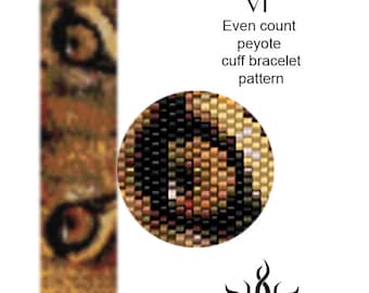 Eyes of the Lioness VI - thin version: even peyote cuff beaded bracelet pattern; tutorial, pdf, animal, lion, african, ethno, jungle, unisex