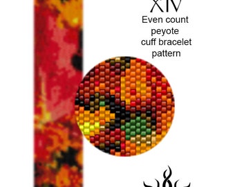 Autumn Colors XIV - even peyote cuff beaded bracelet pattern; tutorial, pdf file, autumn jewelry, fall, flower, rose, leaf, miyuki delica