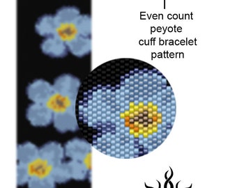 Forget Me Not I - even peyote cuff beaded bracelet pattern; tutorial, pdf file, 9 colours only