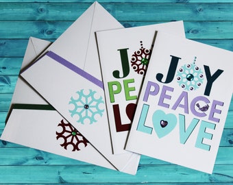 Joy, Peace, Love Handmade Christmas Card, Holiday Card, Choice of Color
