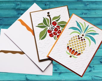 Set of Two Handmade Pineapple and Cherry Note Cards