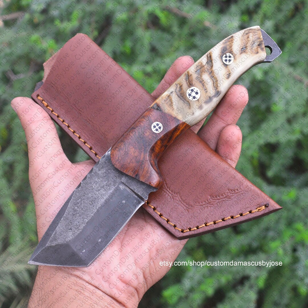 Hand Bushcraft Knife With Sheath Ram Horn Fixed Blade Custom