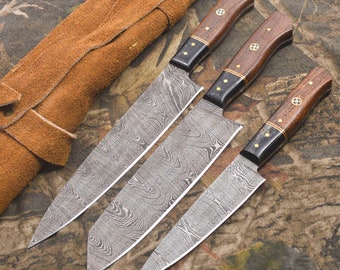 Set OF 03 Damascus Kitchen knife with sheath | Fixed Blade Chef knife | Custom Handmade knife | Bbq Knife | Butcher knife | Gift for BF/MEN