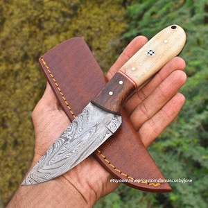 Bone Handle Damacus Skinning knife with Sheath | Bushcraft knife | Handmade knife | Hunting knife | Camping | EDC knfie | Gift for MEN/BF