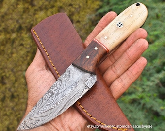 Bone Handle Damacus Skinning knife with Sheath | Bushcraft knife | Handmade knife | Hunting knife | Camping | EDC knfie | Gift for MEN/BF