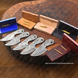 Set of 05 Damascus Blank Blades with Brass Pins & wood Knife scales | Knife Making Kit | DIY Knife making | Leather Sheaths |Gift for MEN/BF