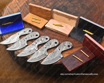 Set of 05 Damascus Blank Blades with Brass Pins & wood Knife scales | Knife Making Kit | DIY Knife making | Leather Sheaths |Gift for MEN/BF