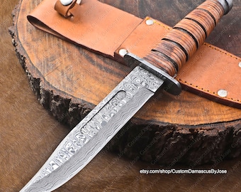 Couteau Bowie Kabar damas fait main avec étui en cuir | Couteau de chasse | Couteau Bushcraft | Couteau de camp | Couteau de survie | Cadeau homme/petit ami