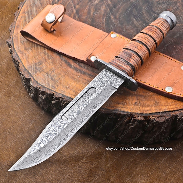 Handmade Damascus Kabar Bowie Knife with Leather Sheath | Hunting Knife | Bushcraft Knife | Camp Knife | Survival Knife | Gift for Men/BF