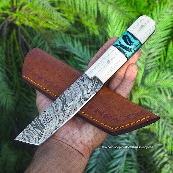 Couteau Pliant Artisanal Style Japonais - Lame Tanto Acier Damas - Étui Tête De Mort