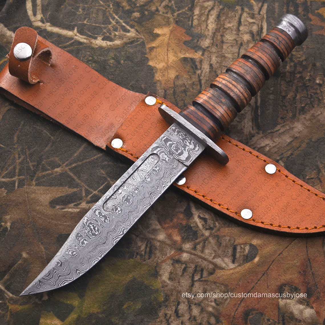 Handmade Damascus Kabar Bowie Knife With Leather Sheath Etsy