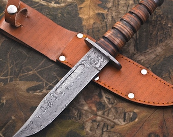 Couteau Bowie Kabar damas fait main avec étui en cuir | Couteau de chasse | Couteau Bushcraft | Couteau de camp | Couteau de survie | Cadeau homme/petit ami