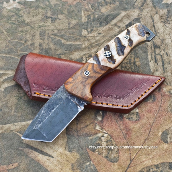 Hand Forge Bushcraft Knife with sheath | Ram horn Fixed Blade Custom knife | Hunting Knife | Camping Knife | Outdoors | Gift for MEN/BF