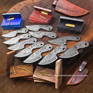 Set of 10 and 5 Damascus Blank Blades| Brass Pins & wood Knife scales | Knife Making Kit | DIY Knife making | Leather Sheaths |Gift for MEN