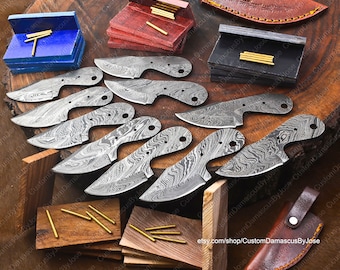 Set of 10 Damascus Blank Blades with Brass Pins & wood Knife scales | Knife Making Kit | DIY Knife making | Leather Sheaths |Gift for MEN/BF