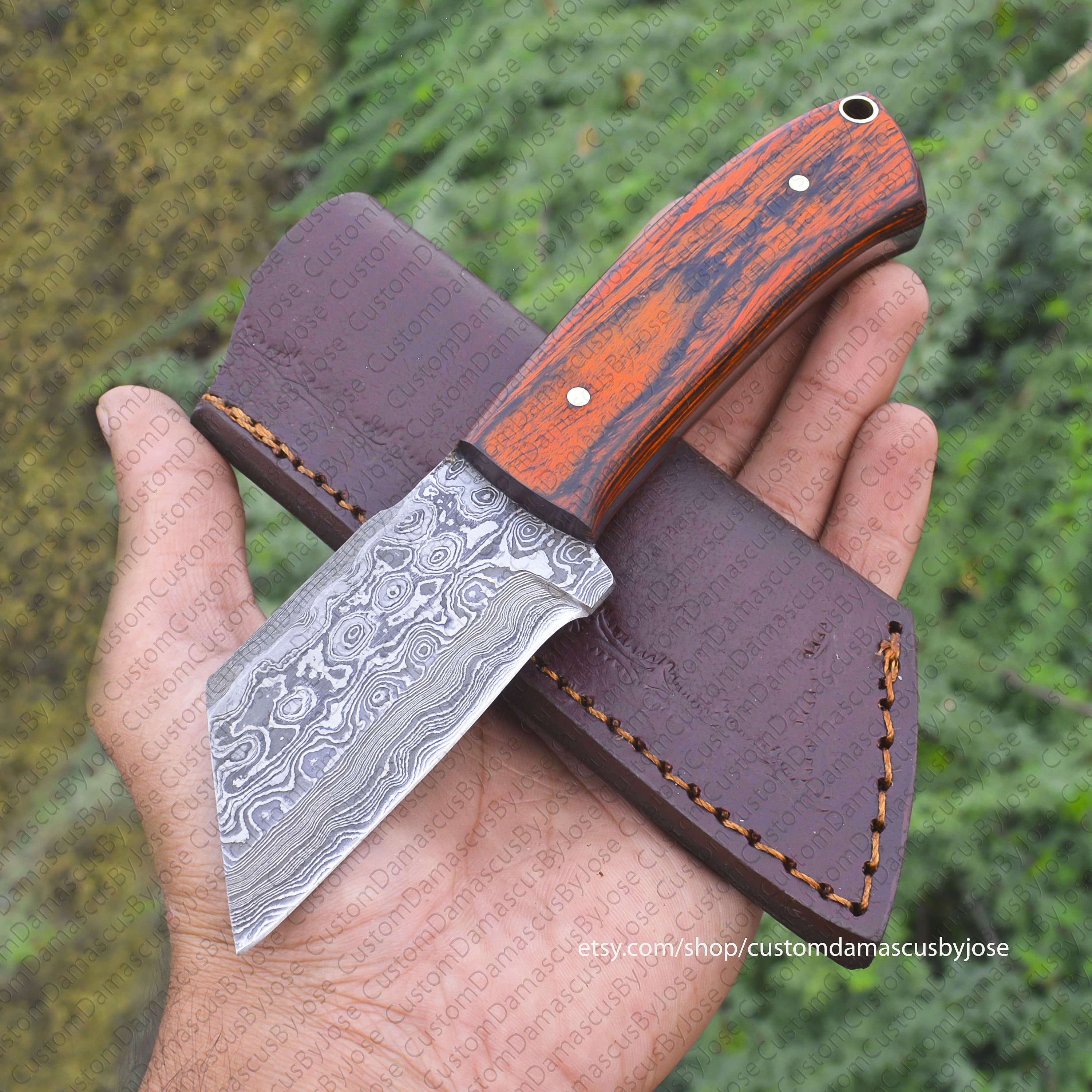 Damascus Seax Knife With Sheath Fixed Blade Sheepsfoot Etsy