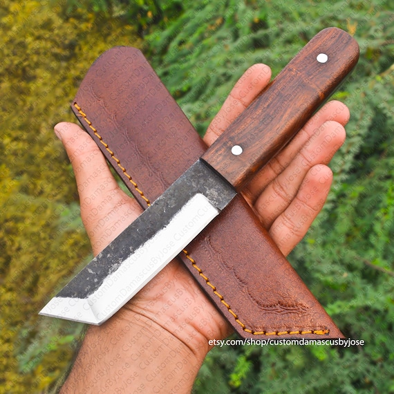  Bushcraft - Cuchillo de supervivencia  Cuchillo de caza de  hoja fija de espiga completa para acampar al aire libre, en vaina, regalo  para él, cuchillo de acero D2, raspador de