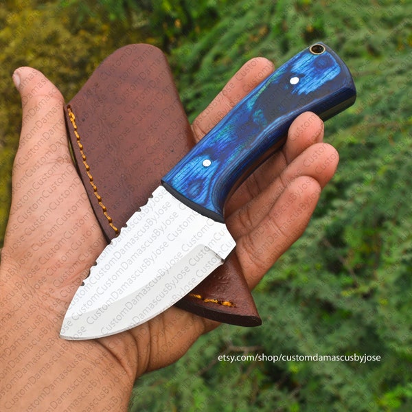 Hand Forged Blue Hardwood knife with sheath | Fixed Blade |Neck Knife  Skinner knife | Bushcraft | Hunting Knife | Camp | Gift for MEN/HIM