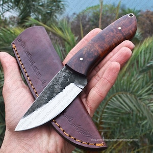 Hand Forge Bushcraft Knife with sheath | Rosewood Fixed Blade Custom knife | Hunting Knife | Camping Knife | Outdoors | Gift for MEN/HIM