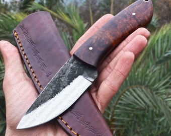 Hand Forge Bushcraft Knife with sheath | Rosewood Fixed Blade Custom knife | Hunting Knife | Camping Knife | Outdoors | Gift for MEN/HIM