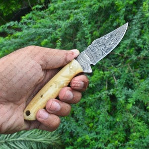 May include: A small, handcrafted knife with a patterned, stainless steel blade and a bone handle. The handle is decorated with the words "Custom Damascus by Jose".