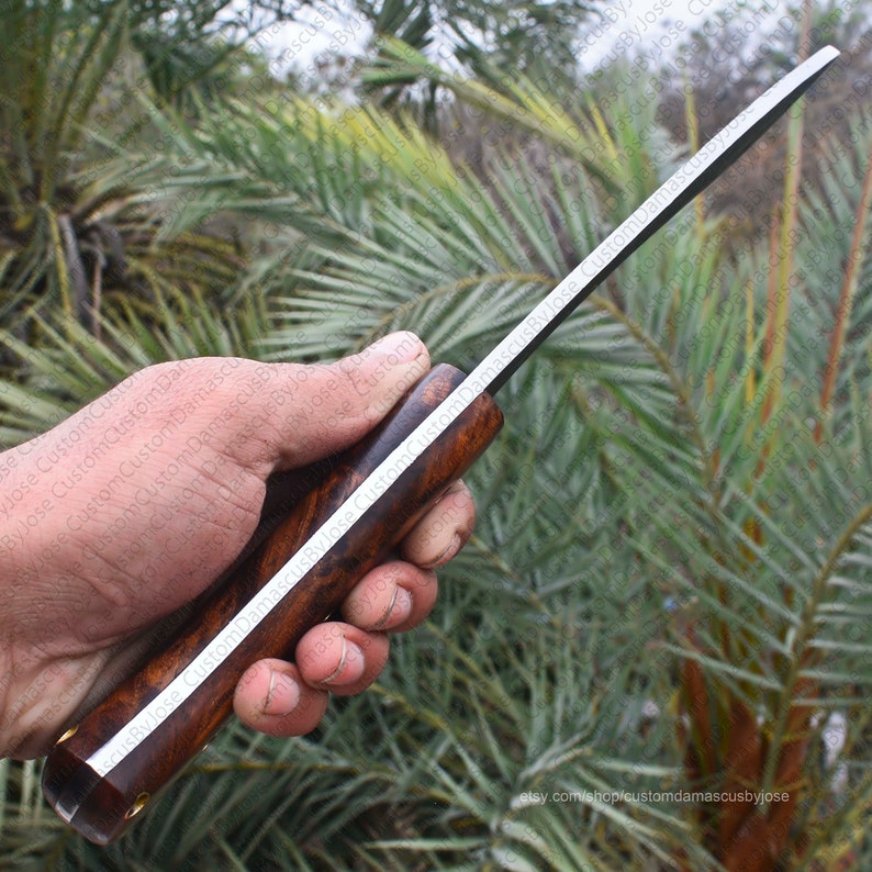 Puede incluir: Un cuchillo artesanal con un mango de madera oscura y una hoja plateada. El mango tiene un rico patr&oacute;n de vetas marr&oacute;n oscuro. La hoja es larga y delgada, con un filo afilado. El cuchillo se sostiene contra un fondo de follaje verde.