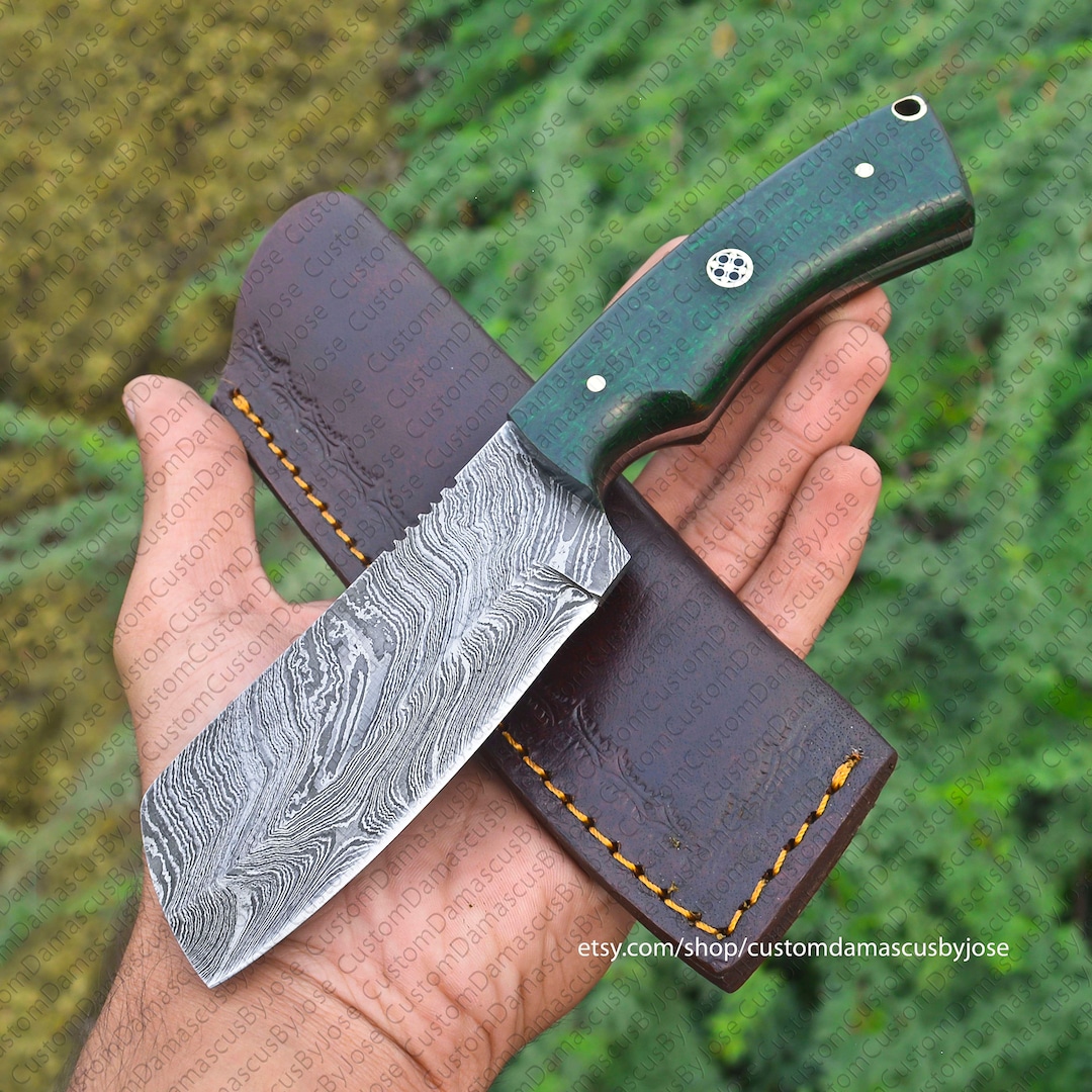Damascus Cleaver Micarta Knife With Sheath Chopper Style Etsy