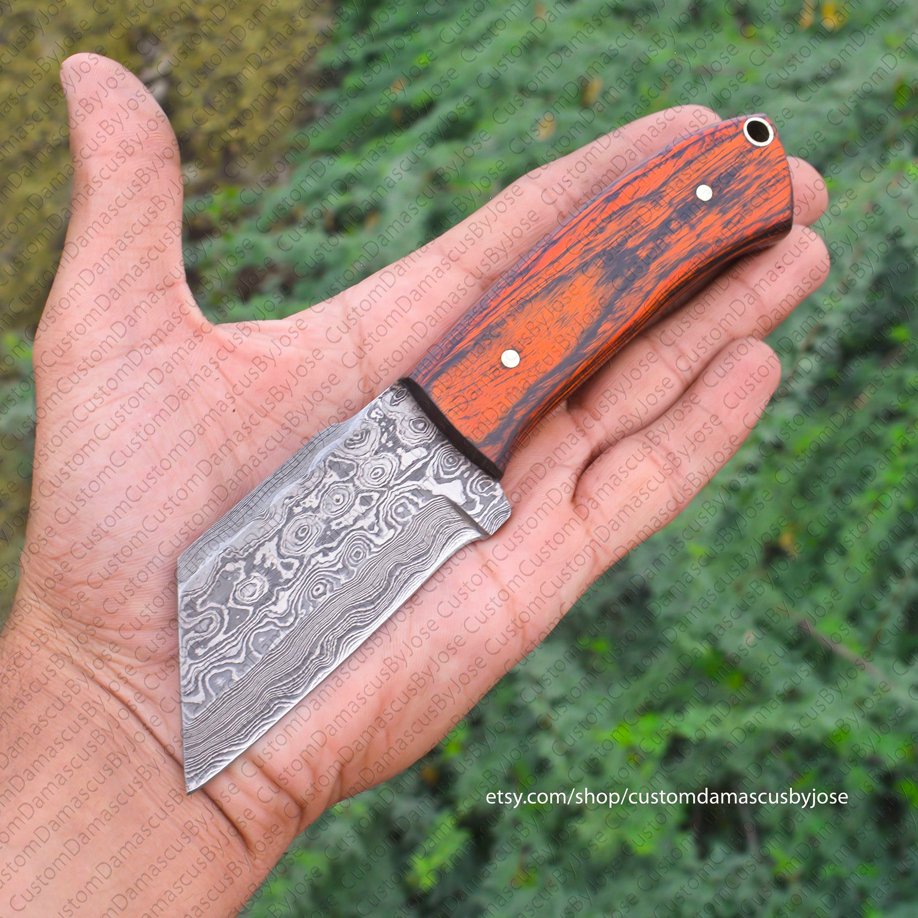 Damascus Seax Knife With Sheath Fixed Blade Sheepsfoot Etsy