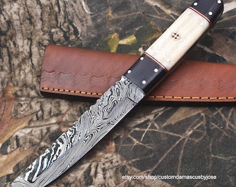 Custom Handmade Japaness Style Damascus Tanto knife with sheath | Bone and Horn handle knife | Fixed Blade Knife | Hunting | Gift For Men/BF