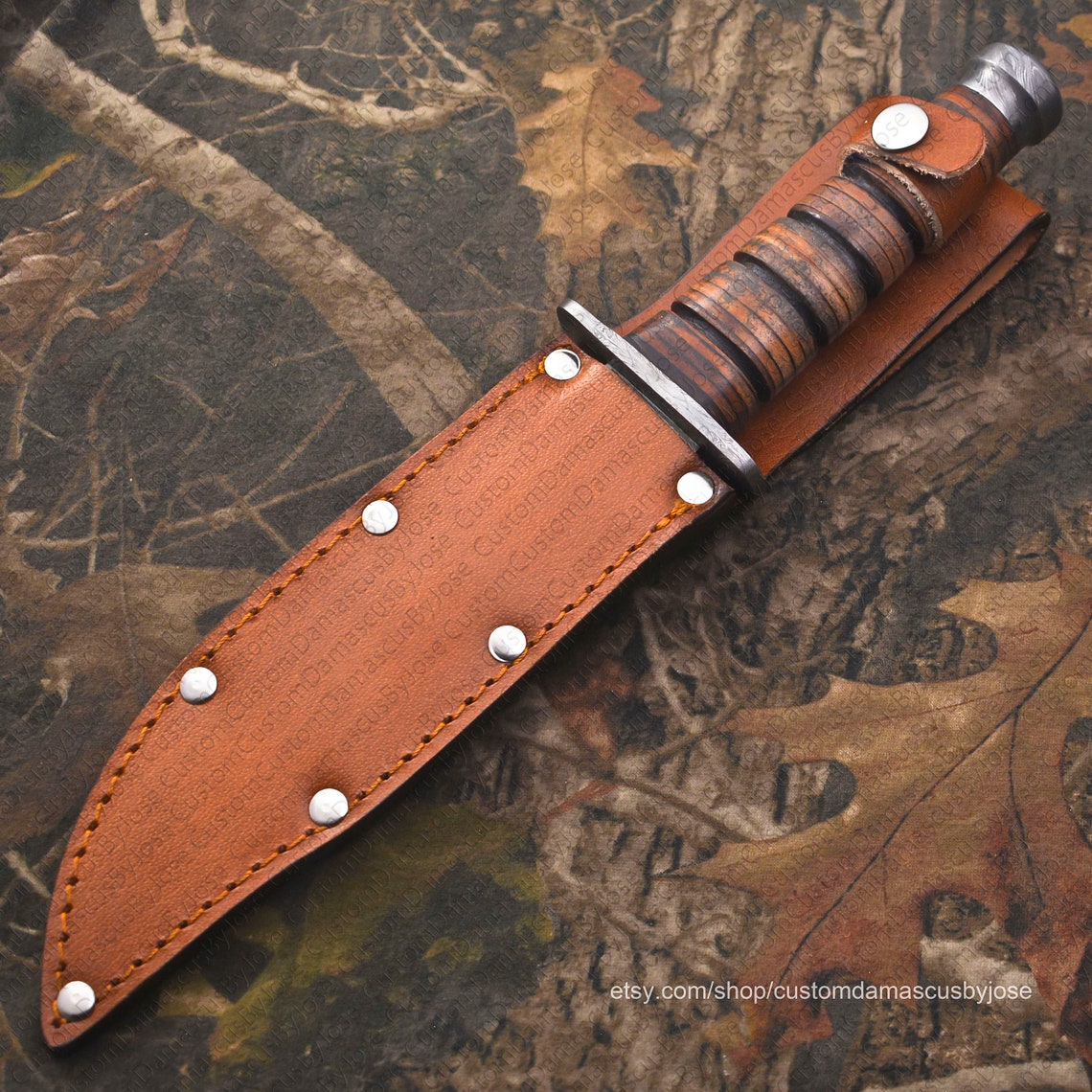 Handmade Damascus Kabar Bowie Knife With Leather Sheath Etsy