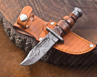 Handmade Damascus Mini Kabar Bowie Knife with Leather Sheath | Hunting Knife | Miniature Knife | Camp Knife | Survival | Gift for Men/BF