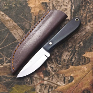 May include: A small, fixed blade knife with a brown leather sheath. The knife has a black handle and a silver blade.