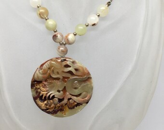 Signed Hobe Chinese Dragon Massive Pendant White Wash Over Gold Tone Statement Necklace Dangle Medallion