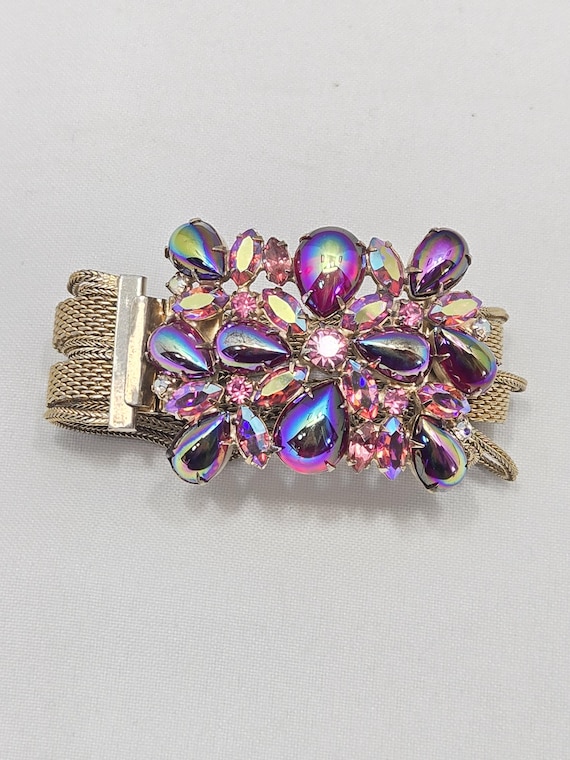 Unsigned HOBE MESH and AB Ruby Cabochons Bracelet - image 5