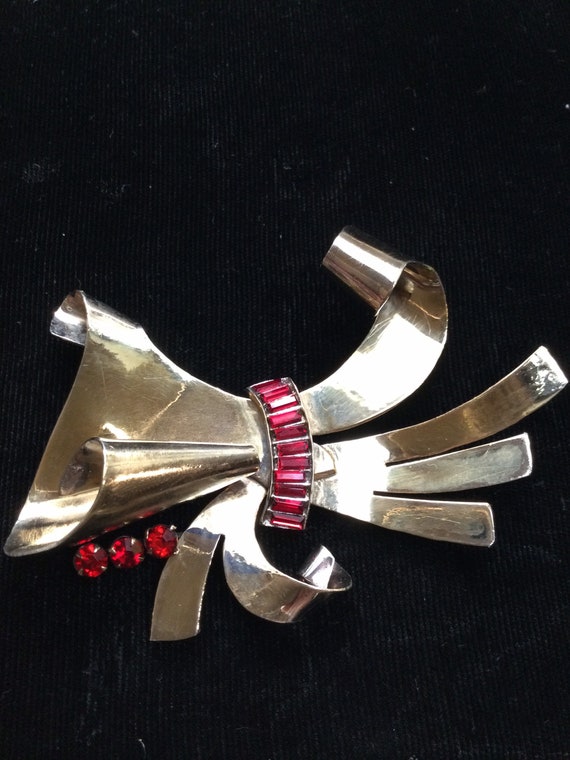 STERLING by GLAMOUR Bow and Ruby Brooch - image 1