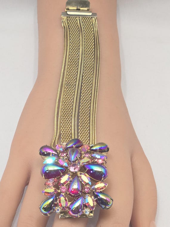 Unsigned HOBE MESH and AB Ruby Cabochons Bracelet - image 2