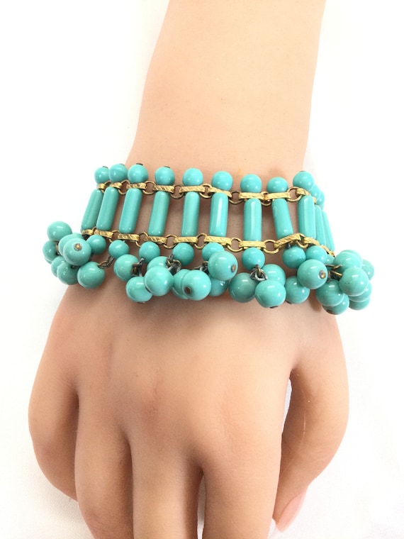 Early Unsigned MIRIAM HASKELL Tourquoise Glass Be… - image 3