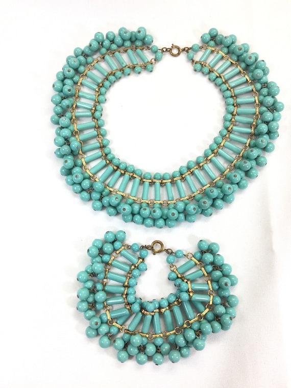 Early Unsigned MIRIAM HASKELL Tourquoise Glass Be… - image 4