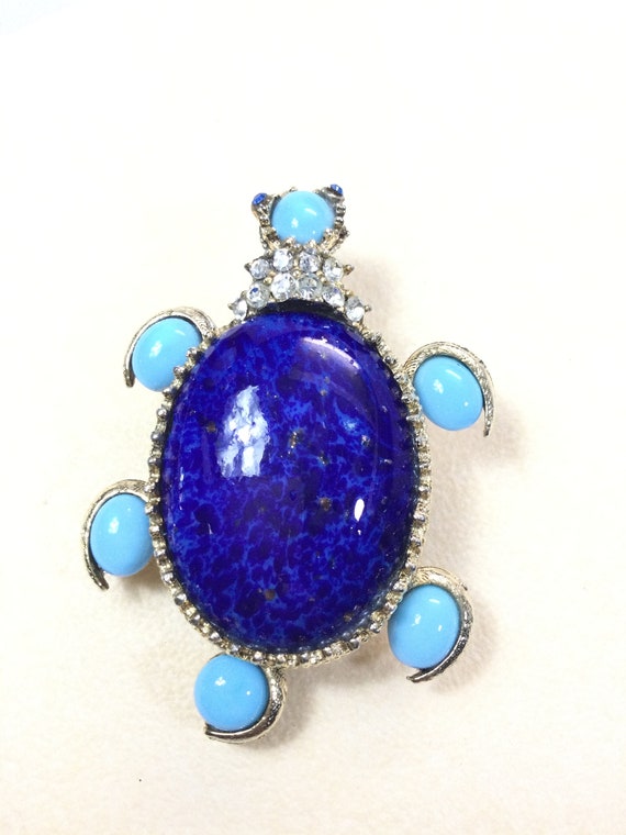 Large PAULINE RADER Faux LAPIS Turtle Brooch - image 1