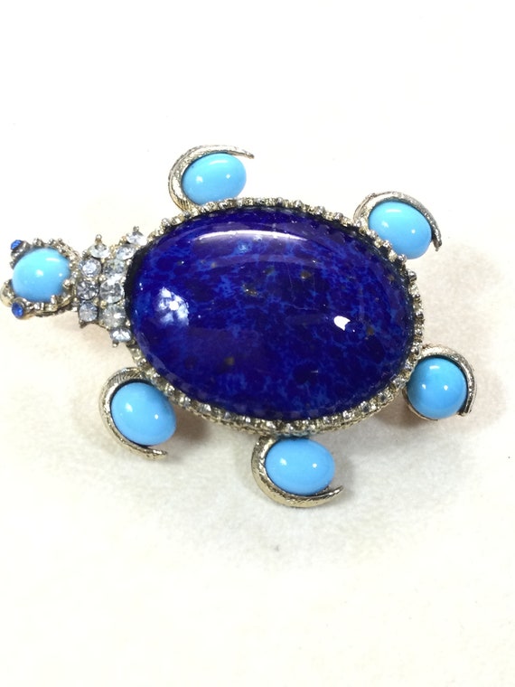 Large PAULINE RADER Faux LAPIS Turtle Brooch - image 2