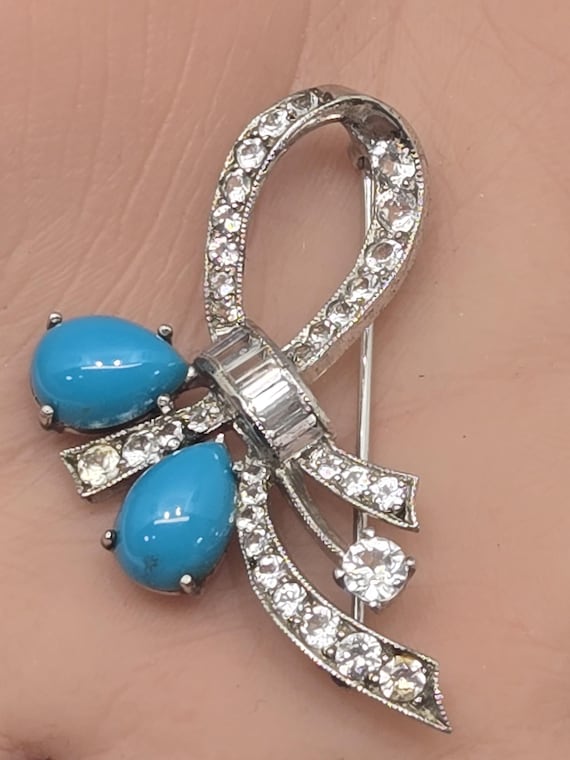 40'S STERLING DIAMANTE and TOURQUOISE Ribbons Brooch