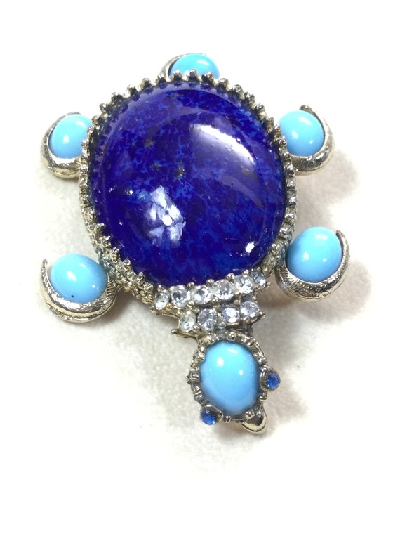 Large PAULINE RADER Faux LAPIS Turtle Brooch - image 4