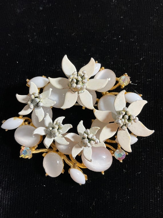 COROCRAFT White MOONGLOWS and Enameled Metal Flowe