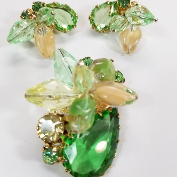 Unsigned ALICE CAVINESS Minty Green and Jonquil Brooch and Earrings