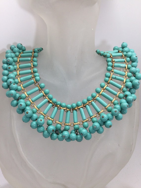 Early Unsigned MIRIAM HASKELL Tourquoise Glass Be… - image 2