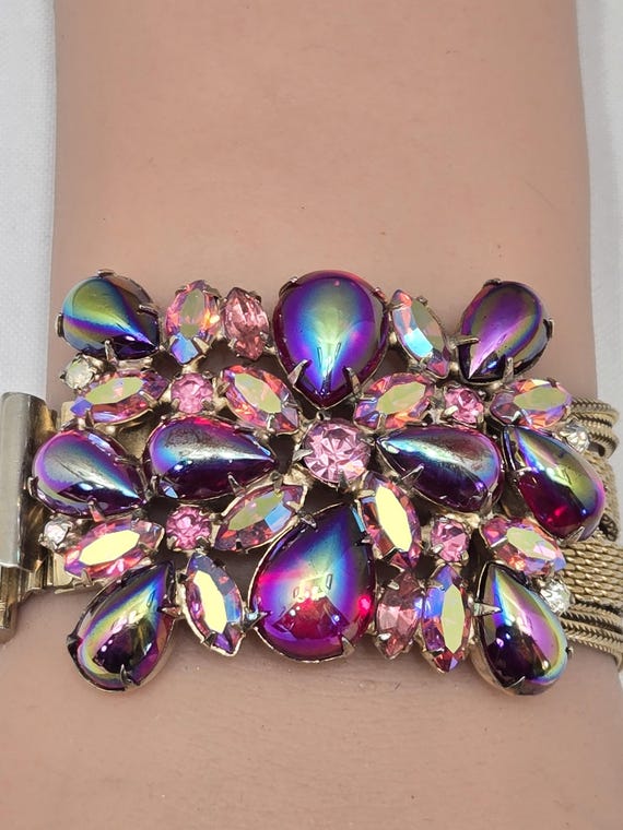 Unsigned HOBE MESH and AB Ruby Cabochons Bracelet - image 1